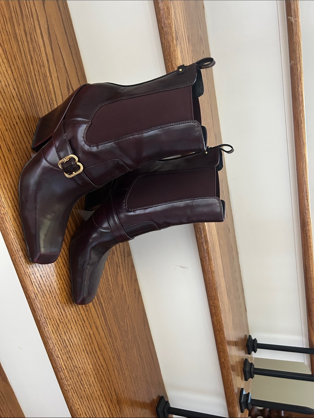 Sam Edelman Burgundy Leather Ankle Boots with Gold Buckle
